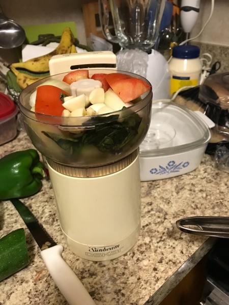 Vegetables chopped in a food processor.