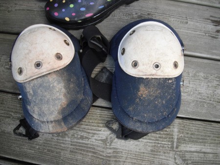 Muddy knee pads for use in gardening.