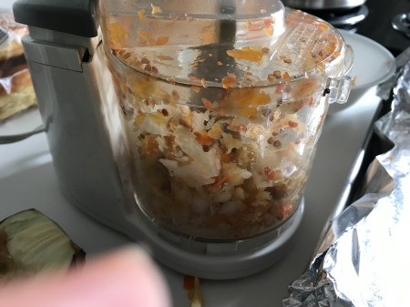 blending eggplant, carrots & onion