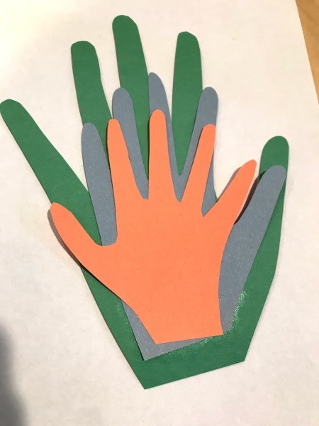 Peacock Popsicle Stick Puppet - two left hands and one right hand orientation used and then glued together