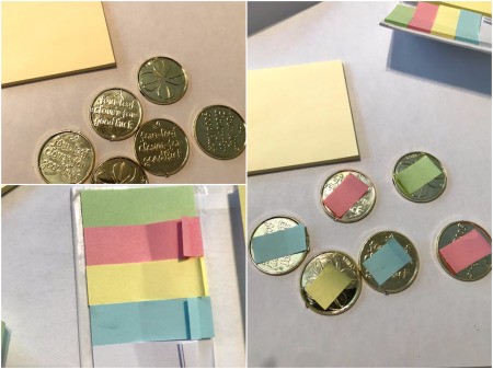 Feed the Monster Math Game -label plastic coins with sticky note pieces