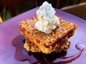 Cornflake Crusted Cinnamon French Toast with whipped cream & syrup