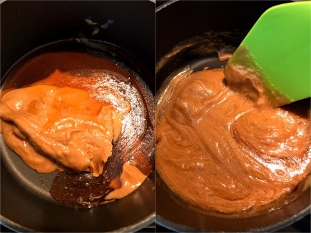 mixing Peanut Butter & honey in pan