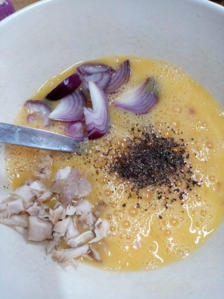 egg with onion, chicken, salt & pepper