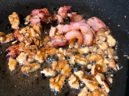 bacon & walnuts in pan