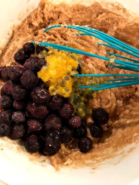 adding passion fruit & blueberries to dough