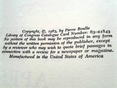 Value of a 1963 English Language Edition of Planet of the Apes - closeup of copyright information