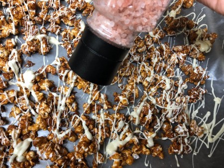 Salted Caramel Nut White Chocolate Popcorn cooling