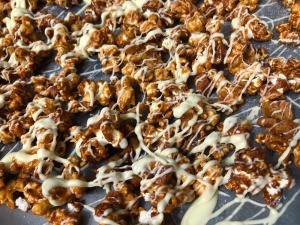 Salted Caramel Nut White Chocolate Popcorn on tray