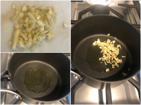 chopping garlic and cooking in pan