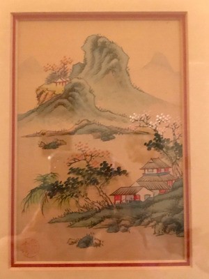 Identifying Thrift Store Asian Paintings - houses on lake shore with stylized mountains in the background