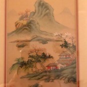 Identifying Thrift Store Asian Paintings - houses on lake shore with stylized mountains in the background