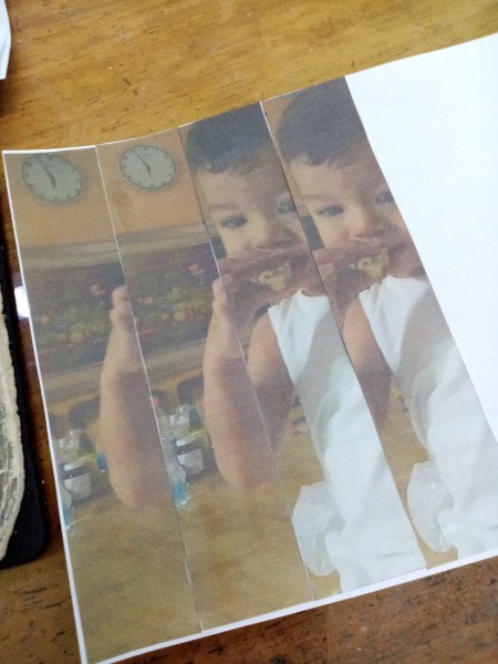 Making a Zigzag 3D Photo - closeup of 4 pieces as they need to be laid out. Glue down to paper.