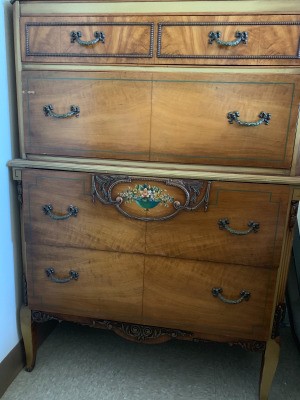 Value of Antique Ardsleigh Bedroom Furniture - tall chest of drawers with a floral decal on one of the lower drawers