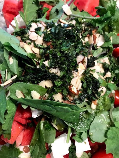 dressing added to Watermelon Salad