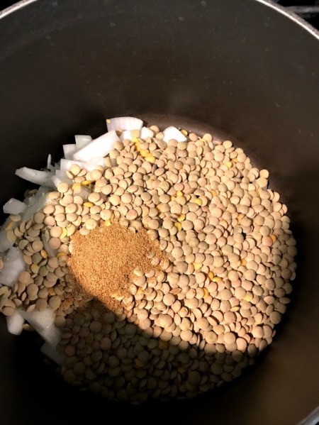 onions, Lentil's & cumin in pan