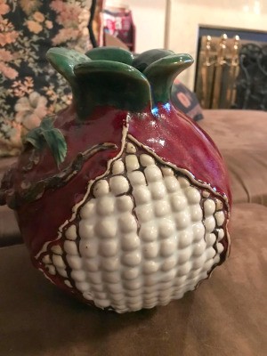 Is This a Majolica Vase? - globe shaped vase that looks a bit like a round corn cob with white kernels, purple covering from top down and around the entire back