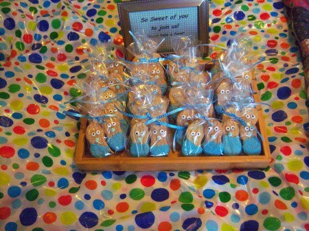 Little Peanut Baby Shower Favors - sign placed above the cookies on a polka dot tablecloth