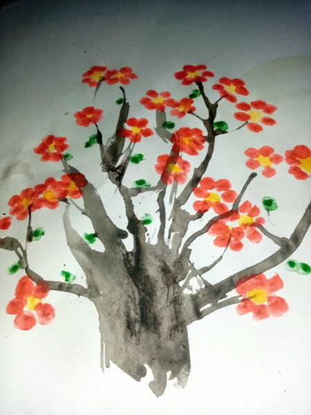 Blow and Bud Painting Using a Straw and Q-tip - using a bud dipped in green paint leaves