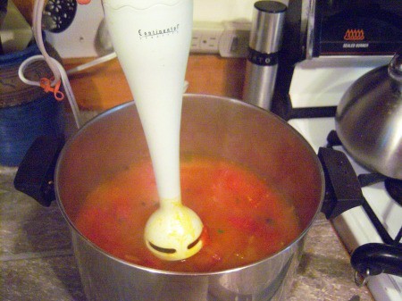 Immersion blender in soup Tomato Soup