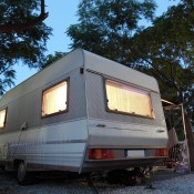 An RV at dusk.