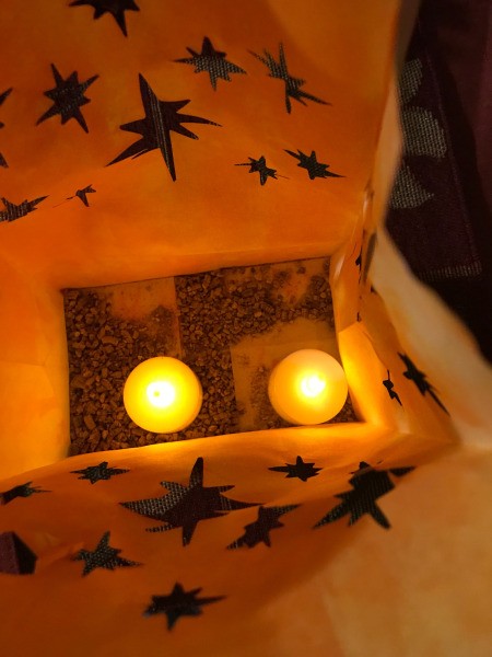 Fall or Halloween Illuminated Bags - looking down into the bag with LED candles lit