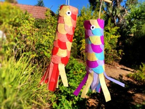 DIY Japanese Carp Streamer - two finished carp streamers hanging outside