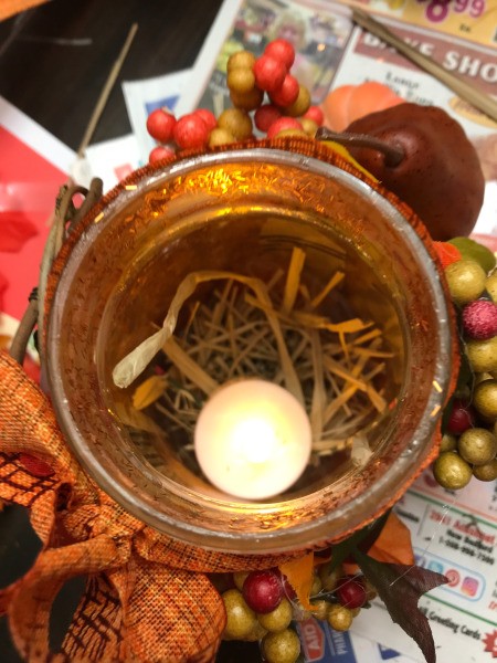 Fall Decorated Tea Light Jars - place tea light and corn stalks inside the jar