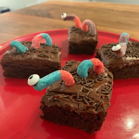 Spooky Halloween Worm Brownies - plate of worm brownies, closeup