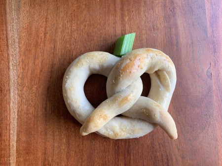 Pretzel Pumpkins - celery stem in place