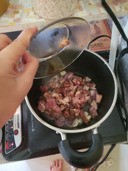 adding Pork Bits to onions & garlic