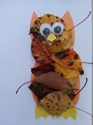 Kid's Fall Owl Decor Craft - finished owl with eyes, beak, and feet glued in place