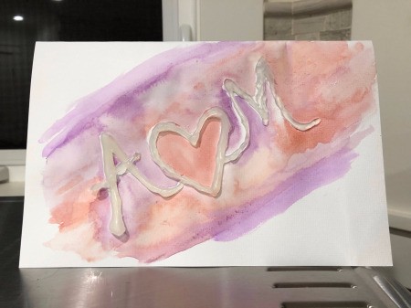 Hot Glue & Watercolor Anniversary Card - watercolors added around the glue letters