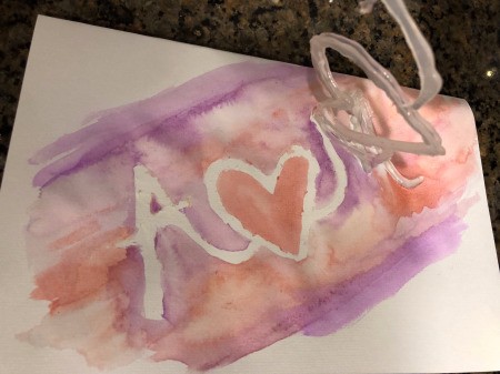 Hot Glue & Watercolor Anniversary Card - removing glue to have white letters on watercolor background