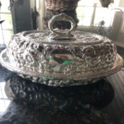 Information on Justis and Armiger Silver Plate Covered Dish - ornate silver dish with floral pattern