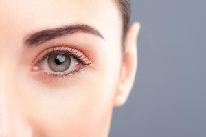A woman's made up eyelid and brow.