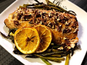 Spiced Maple Pecan Salmon on plate