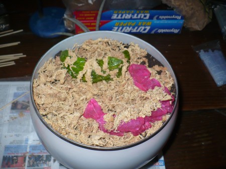 Recycled Glass Light Fixture Terrariums - rock sculptures in the terrarium, one green and one dark pink