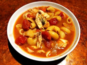 Roast Chicken and Tomato Noodle Soup in bowl