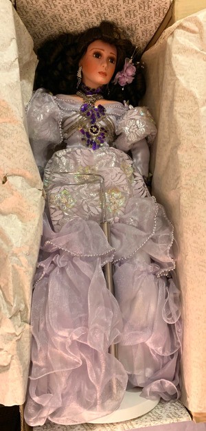 Identifying a Porcelain Doll - doll in the box, wearing a long evening gown