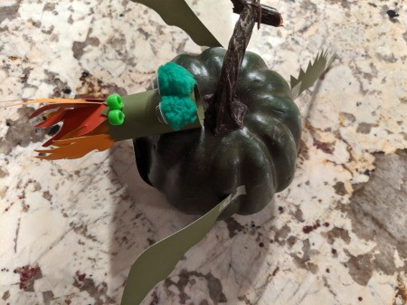 Dragon Pumpkin Decoration - closeup looking down on the finished dragon