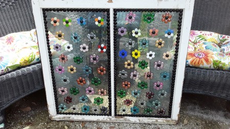 Decorating Old Windows - recycled window decorated with glass gem flowers