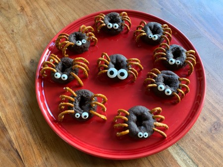 Halloween Spider Donuts - looking down on plate of finished donuts