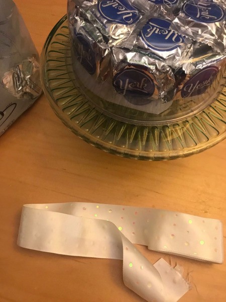 Birthday Candy Cake + Cake Stand Gift - invert container on cake plate