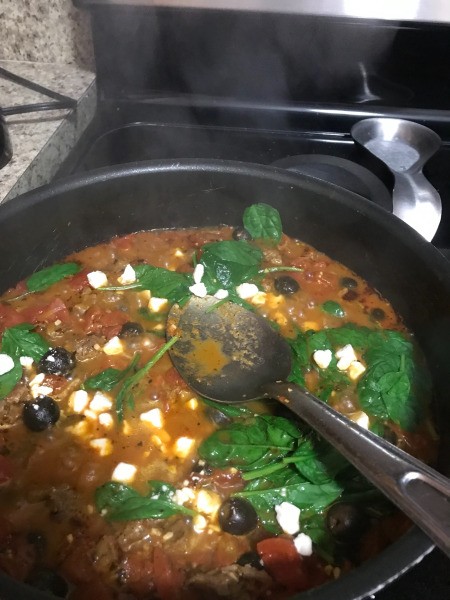 adding spinach & feta to Greek Lamb sauce