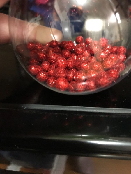 Decorated Clear and White  Ornaments - red beads at the bottom of a clear ornament