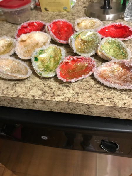 Decorated Seashell Jewelry Dishes - shells after the white glitter snow has been added to the edges