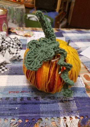 Yarn Covered Pumpkin - pumpkin with stem, leaf, and vine