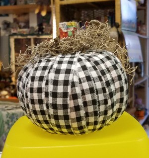 Black and White Fabric Strip Foam Pumpkin - finished pumpkin ready to display