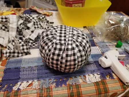 Black and White Fabric Strip Foam Pumpkin - seal the top with glue